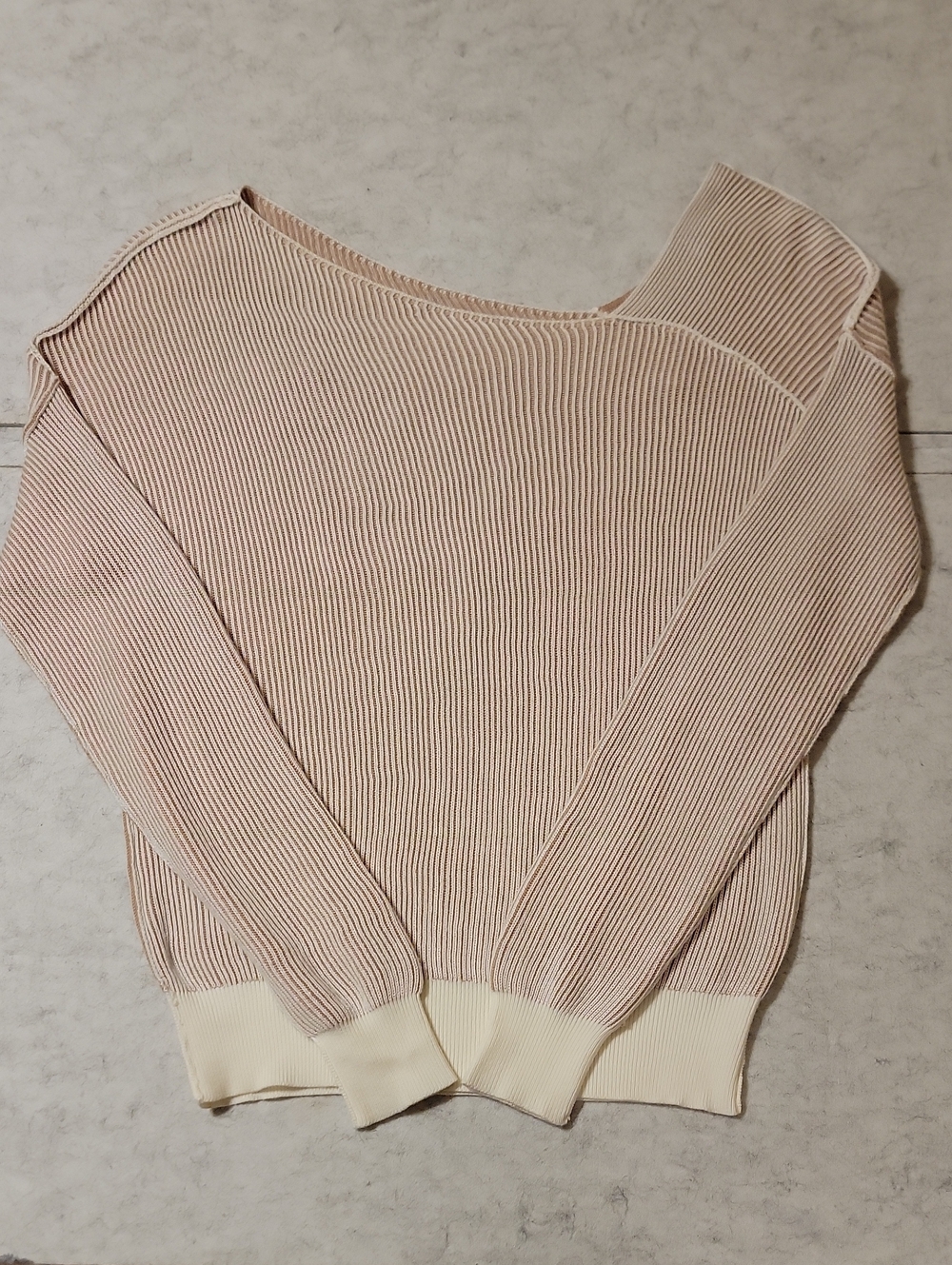 Line and Dot Asymmetrical Off The Shoulder Ribbed Sweater Ivory Taupe XS